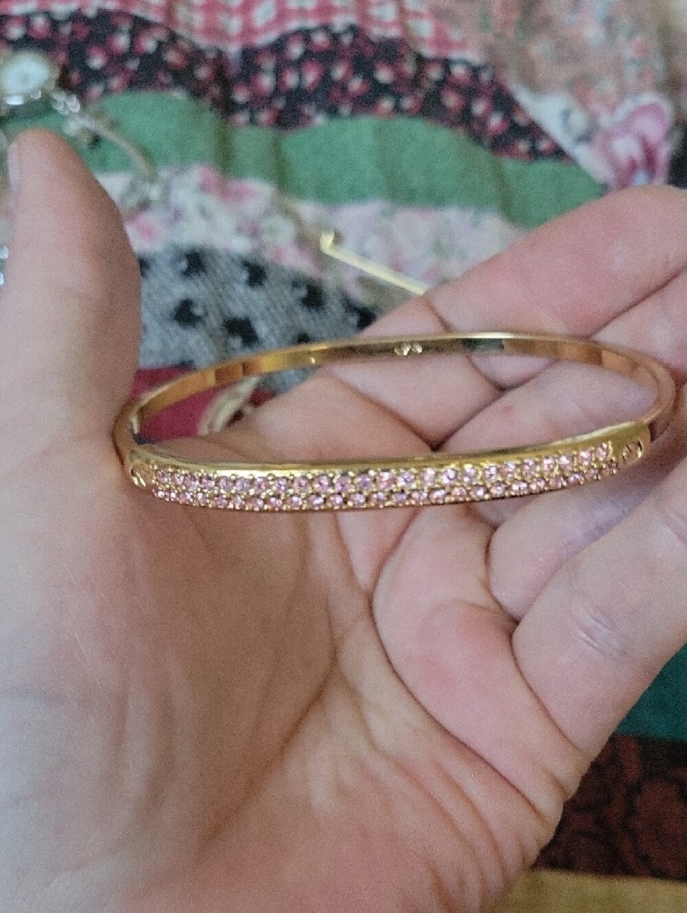 Gold Bangle Bracelet with Pink Crystals - Vintage Swarovski Crystal - Picture 3 of 3